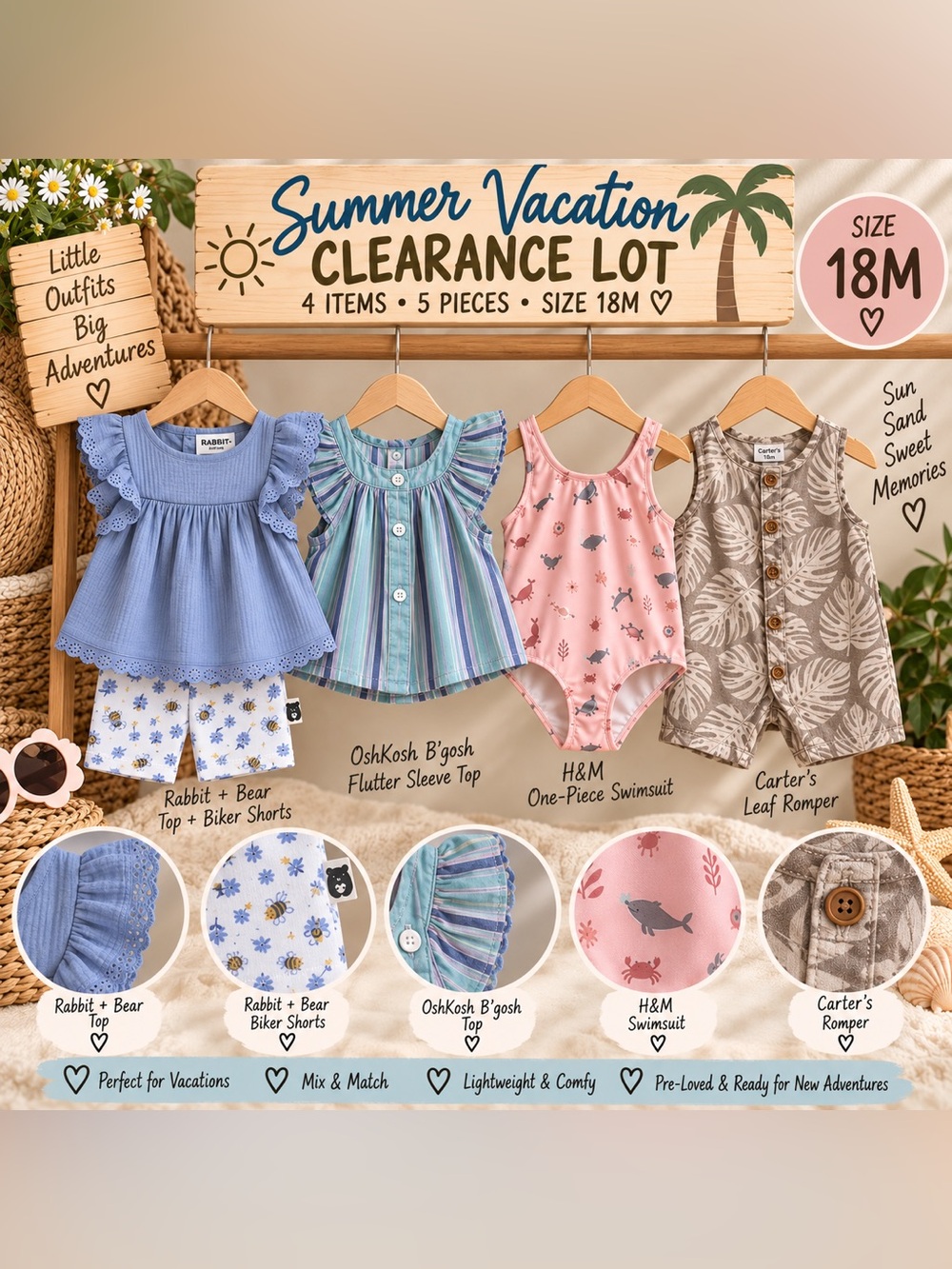18M Girls Summer Vacation Bundle | Carter’s OshKosh H&M Rabbit + Bear 5pc